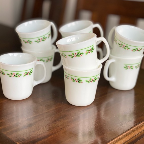 Corning Holly Milk Glass Vintage Christmas Mugs Set of 8